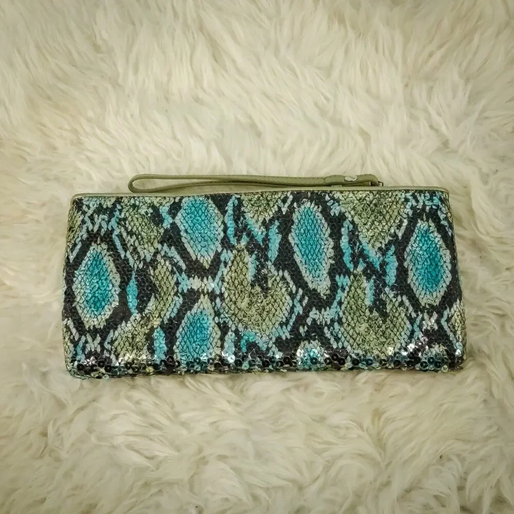 Lodis Snake Snakeskin Print Sequin Leather Trim Small Zip Wristlet Clutch Bag